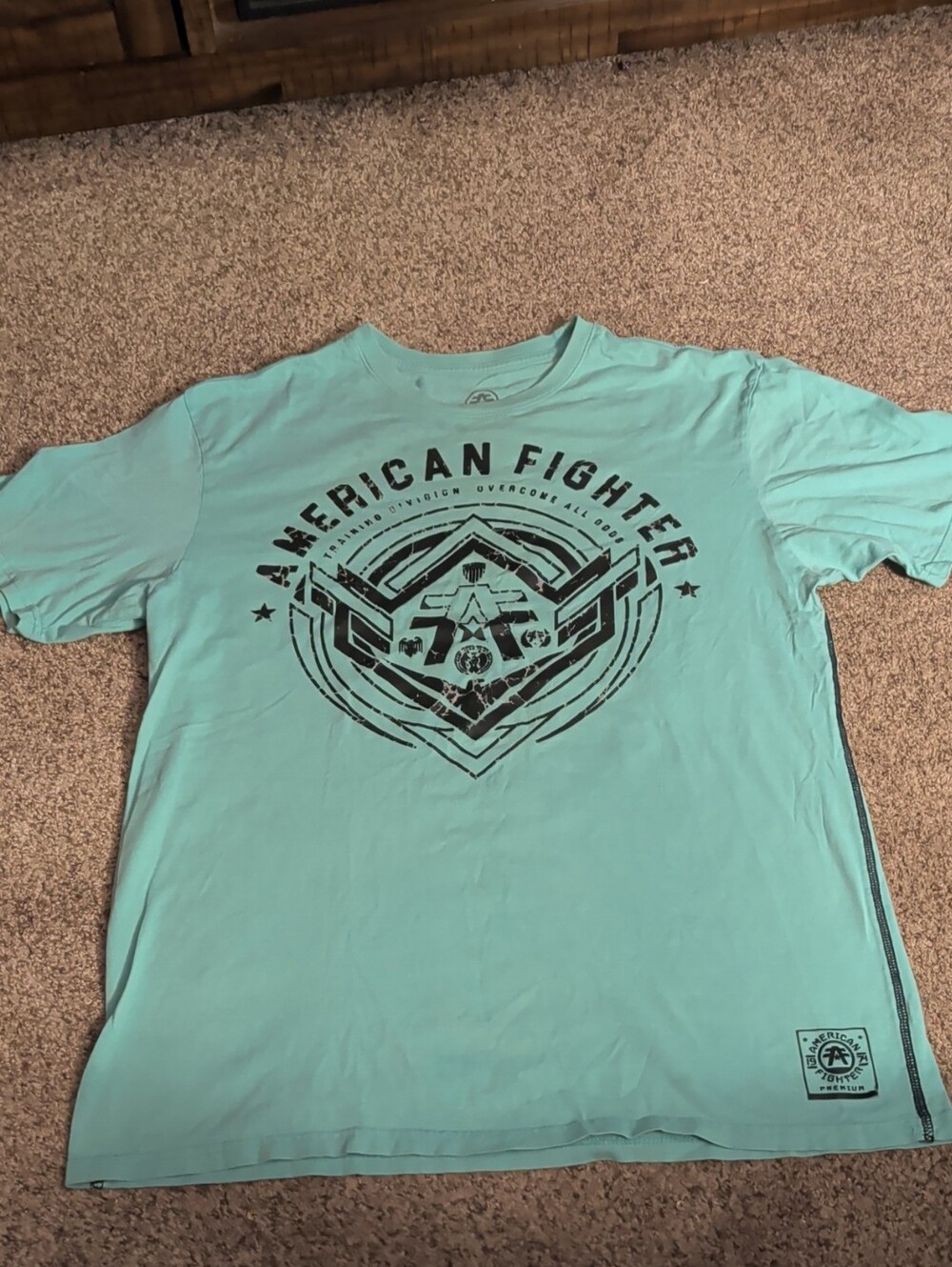 XL American Fighter Men's Graphic Tee - Aqua Blue with Black Print